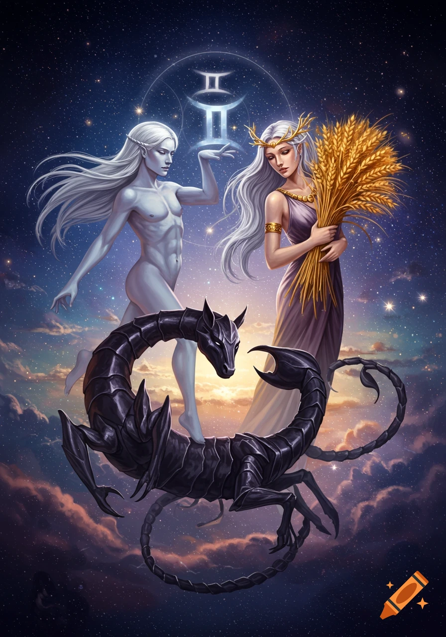 Artistic depiction of Gemini, Virgo, and Scorpio zodiac signs. A male figure, a woman with wheat, and a black scorpion float in a starry sky.