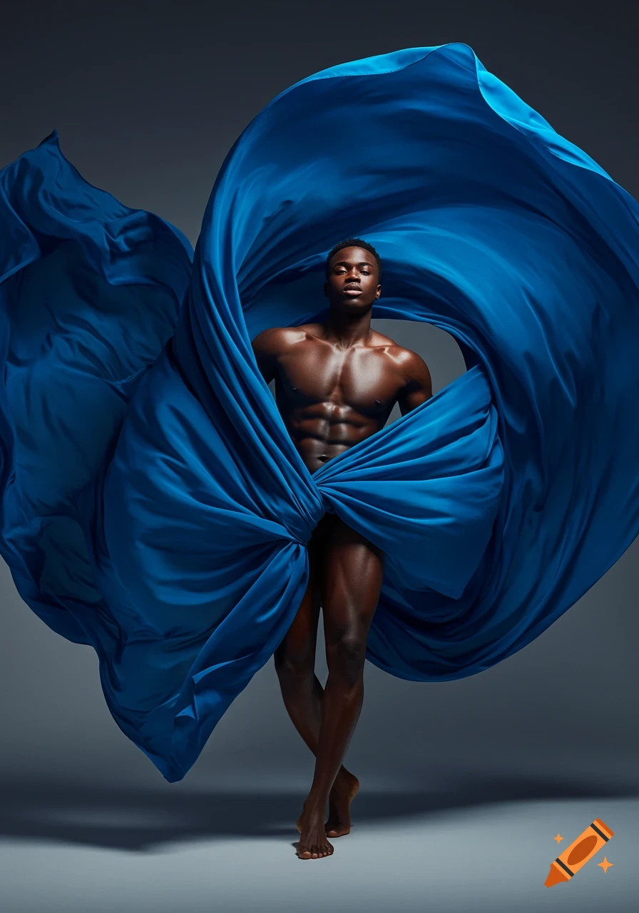 A muscular Black male fitness model poses with a large, flowing blue fabric dramatically draped around him, against a gray background.