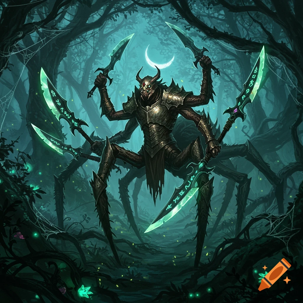 A multi-limbed spider monster in ornate armor wields several glowing green swords in a dark, moonlit forest.
