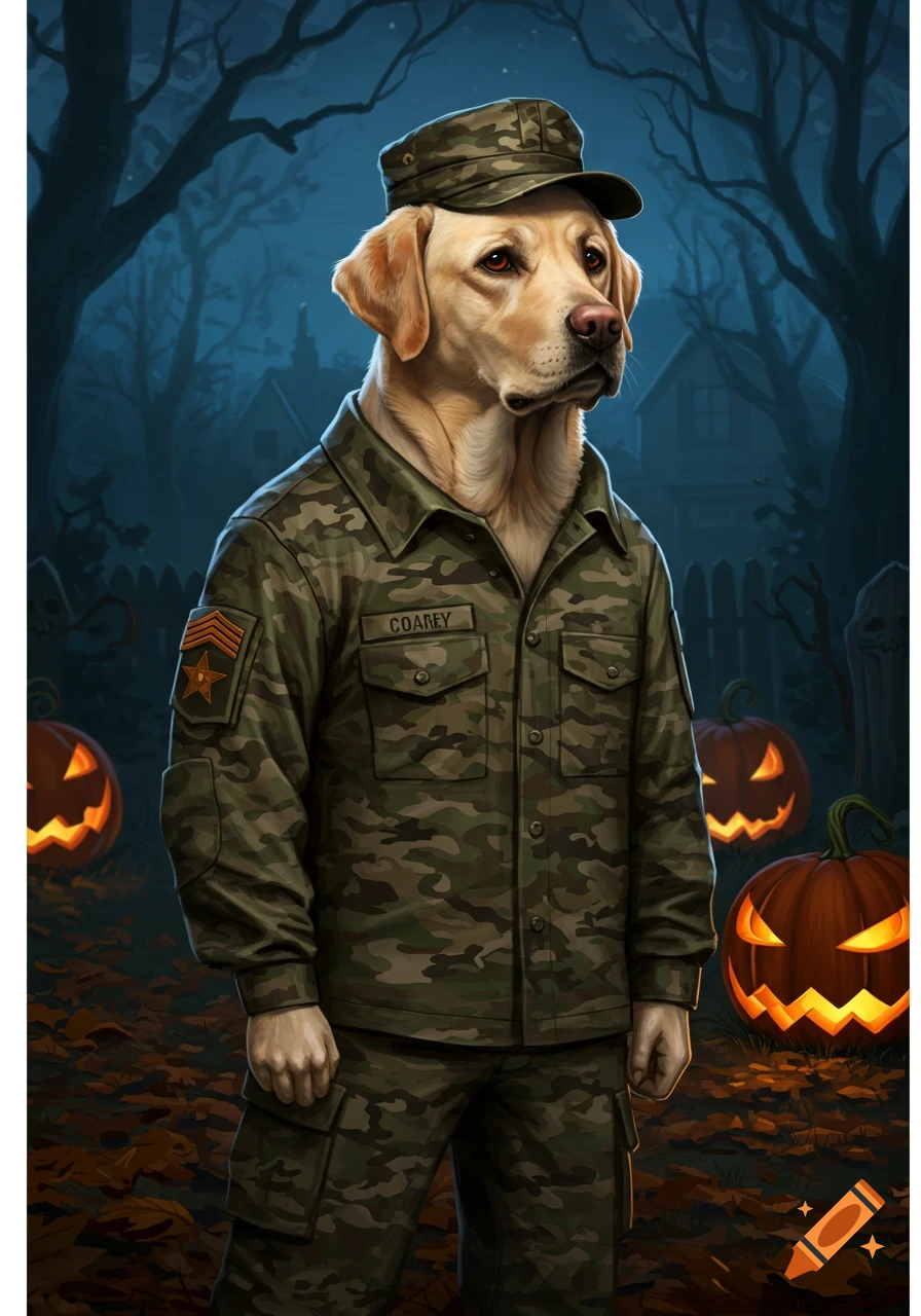 A yellow Labrador in full military camouflage uniform and cap stands among glowing jack-o'-lanterns in a spooky, dark Halloween night scene.
