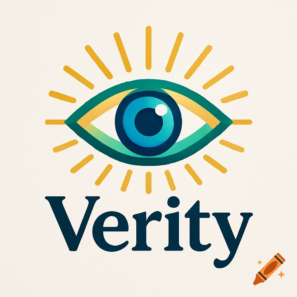 A colorful logo featuring a stylized blue and green eye with radiating yellow lines above the dark blue word "Verity".