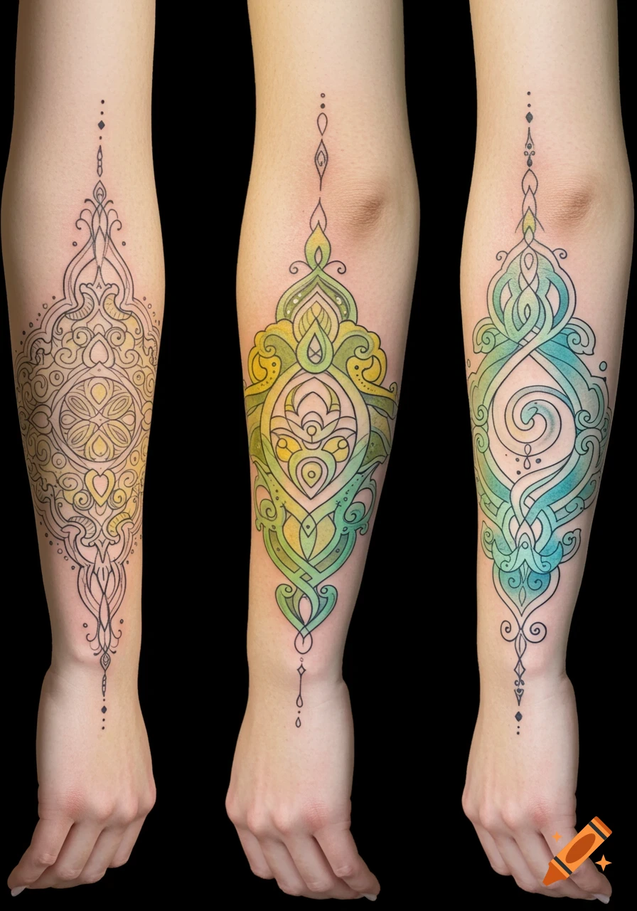 Three forearms display fine line geometric and spiritual tattoos in shades of yellow, green, and blue.