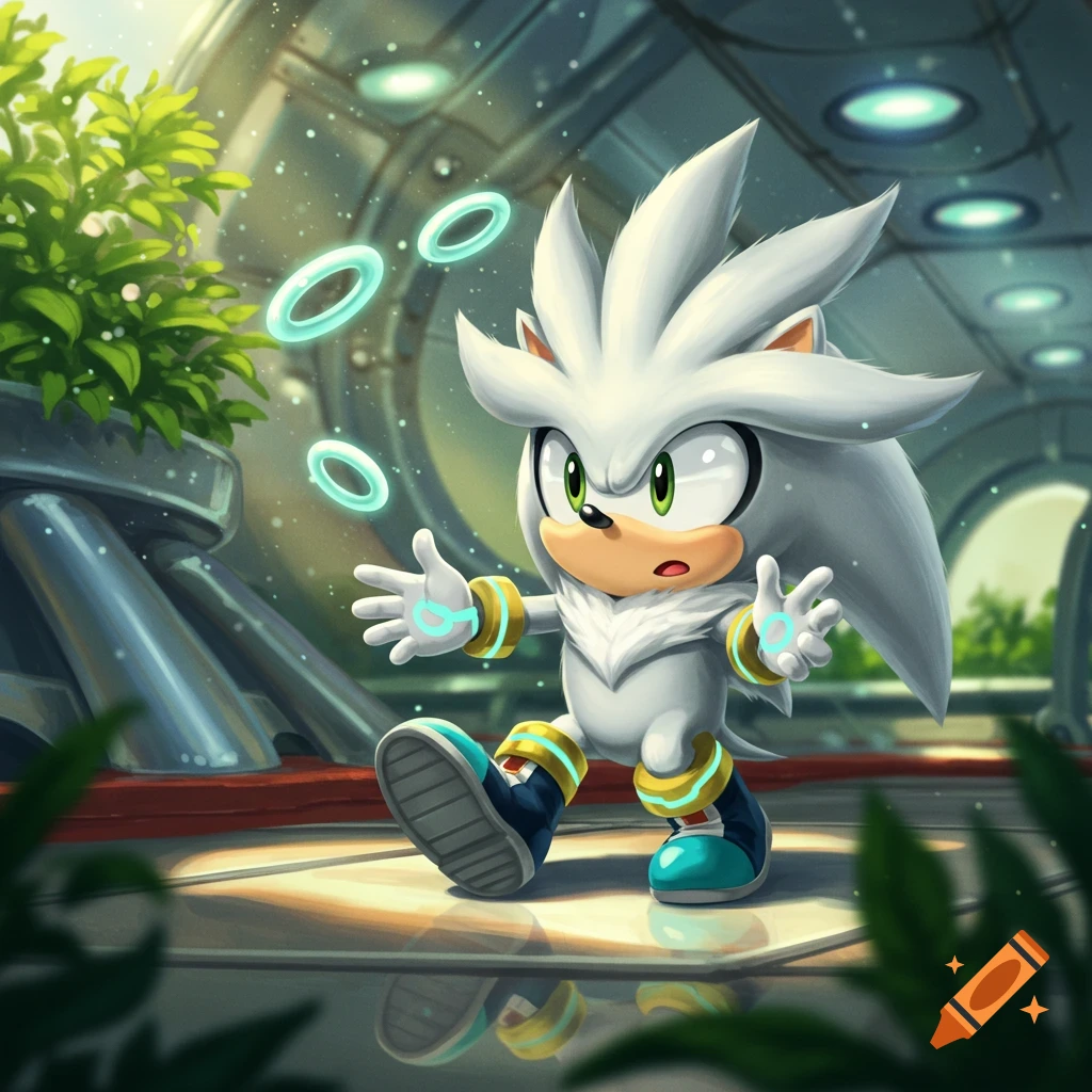 Baby Silver the Hedgehog with glowing rings in a futuristic interior, digital art.