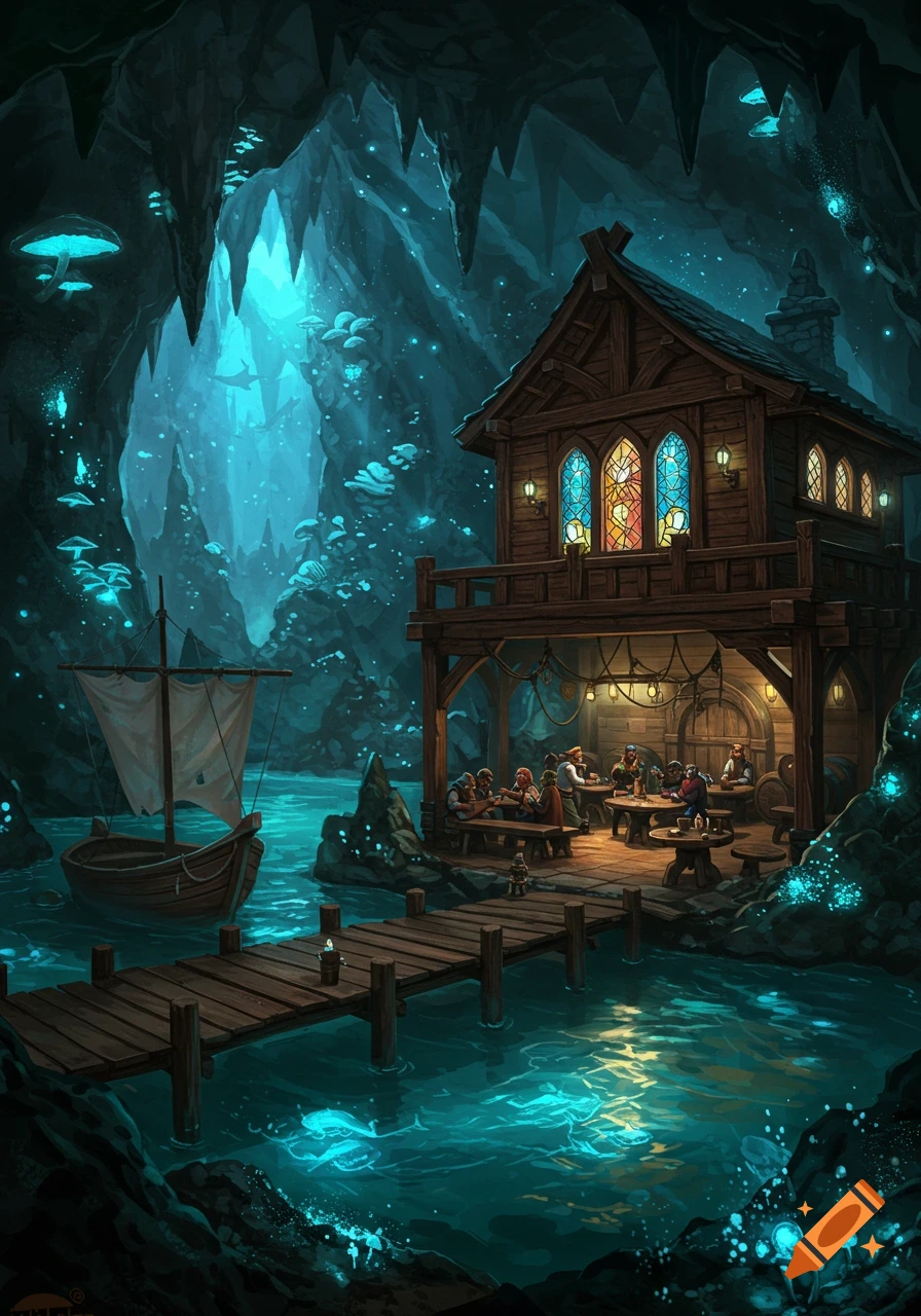 Fantasy digital art of a wooden tavern within a bioluminescent cave. A sailboat is docked, and patrons gather inside.