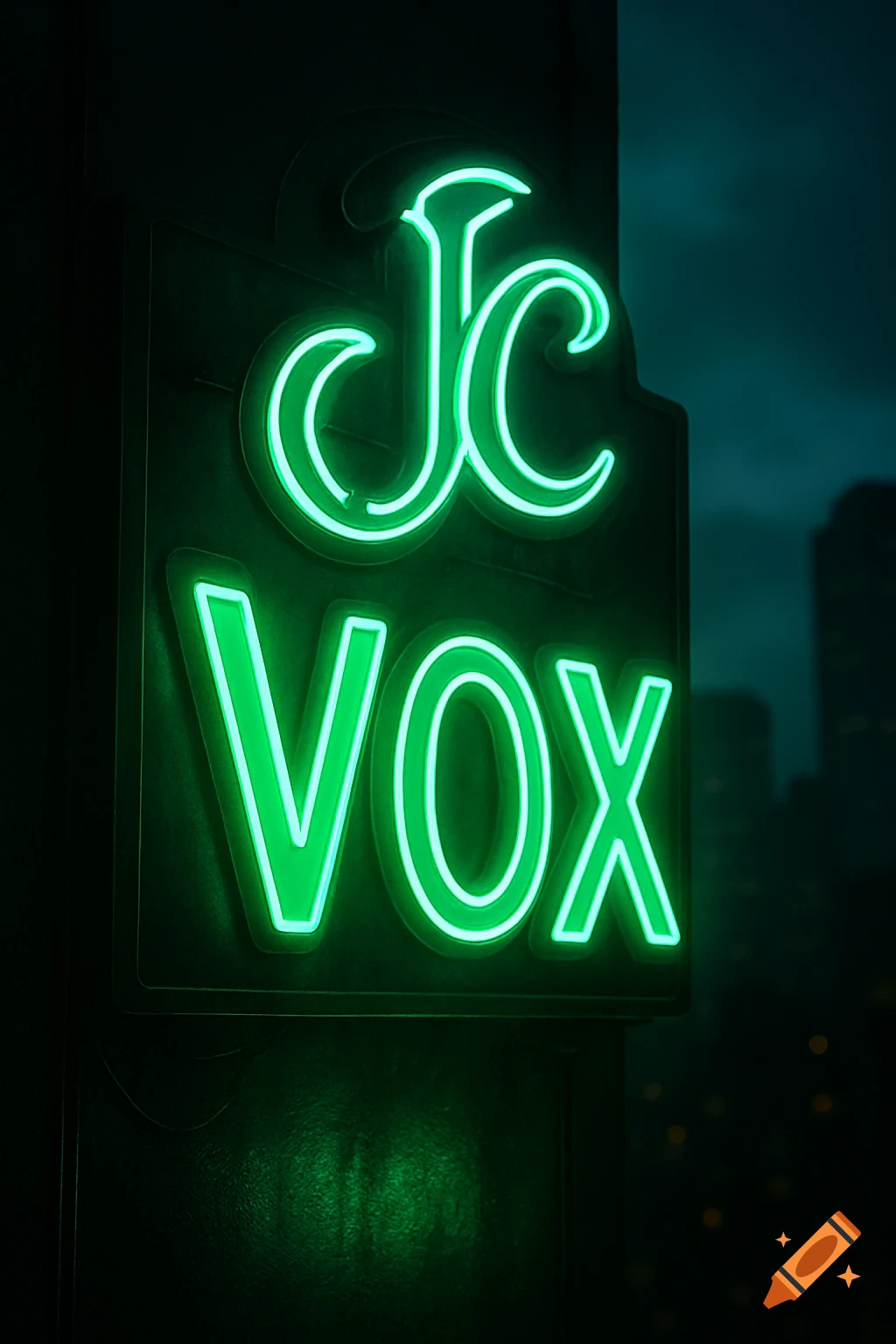 A vibrant green neon sign displaying 'JC' and 'VOX' in a dark, urban setting.
