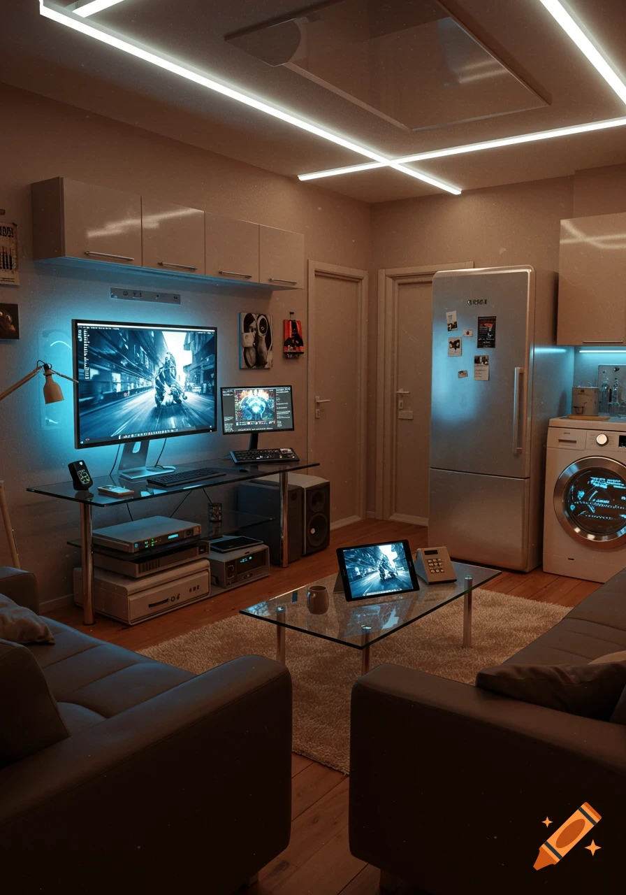 A modern, dimly lit room with blue neon accents, featuring a large gaming setup, a refrigerator, washing machine, and a glass coffee table with a tablet.