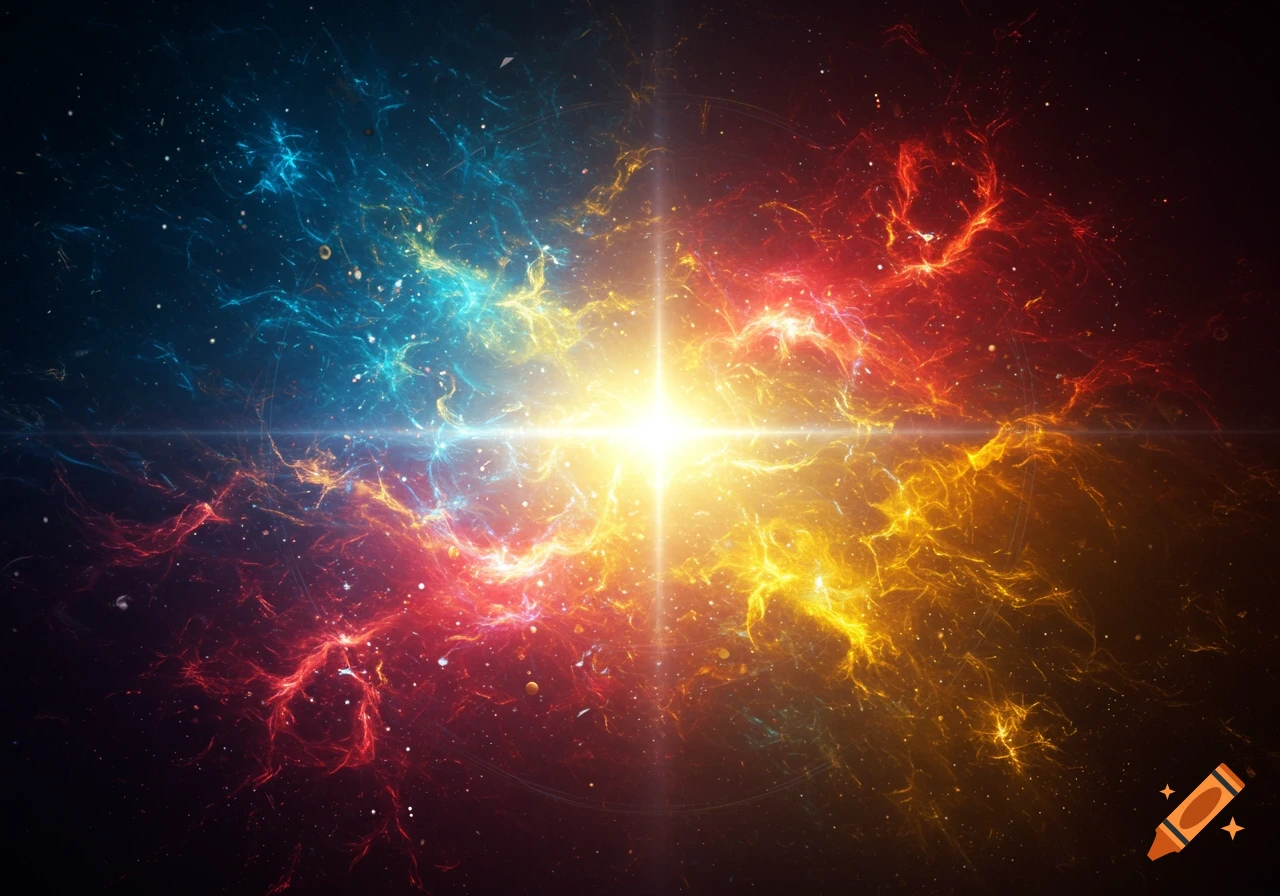 Bright star in abstract swirling nebula of blue, red, and yellow colors.
