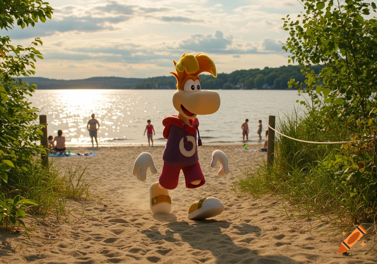 Rayman, a cartoon character, walks on a sandy path towards a sunny beach with people by a lake.