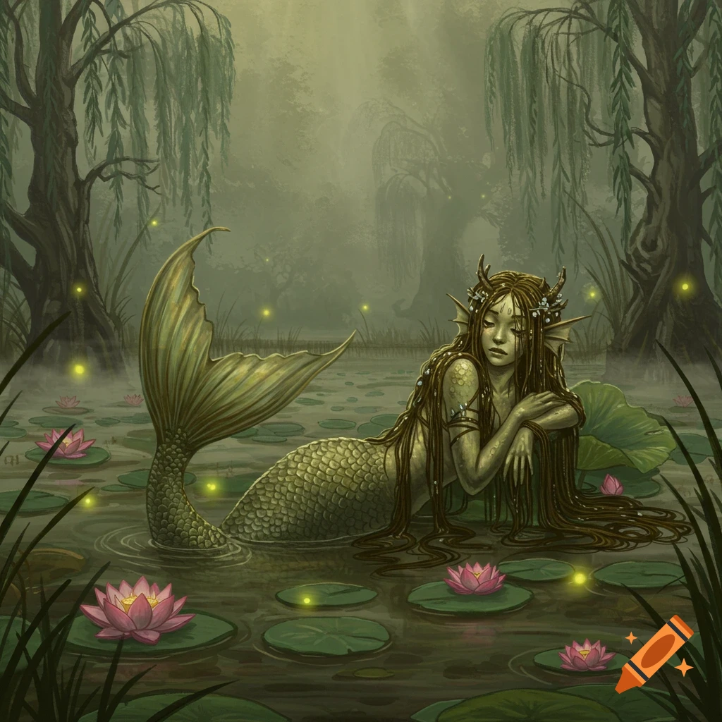 A mermaid with long dark hair and a scaly tail rests in a misty swamp with pink lily pads and glowing fireflies.