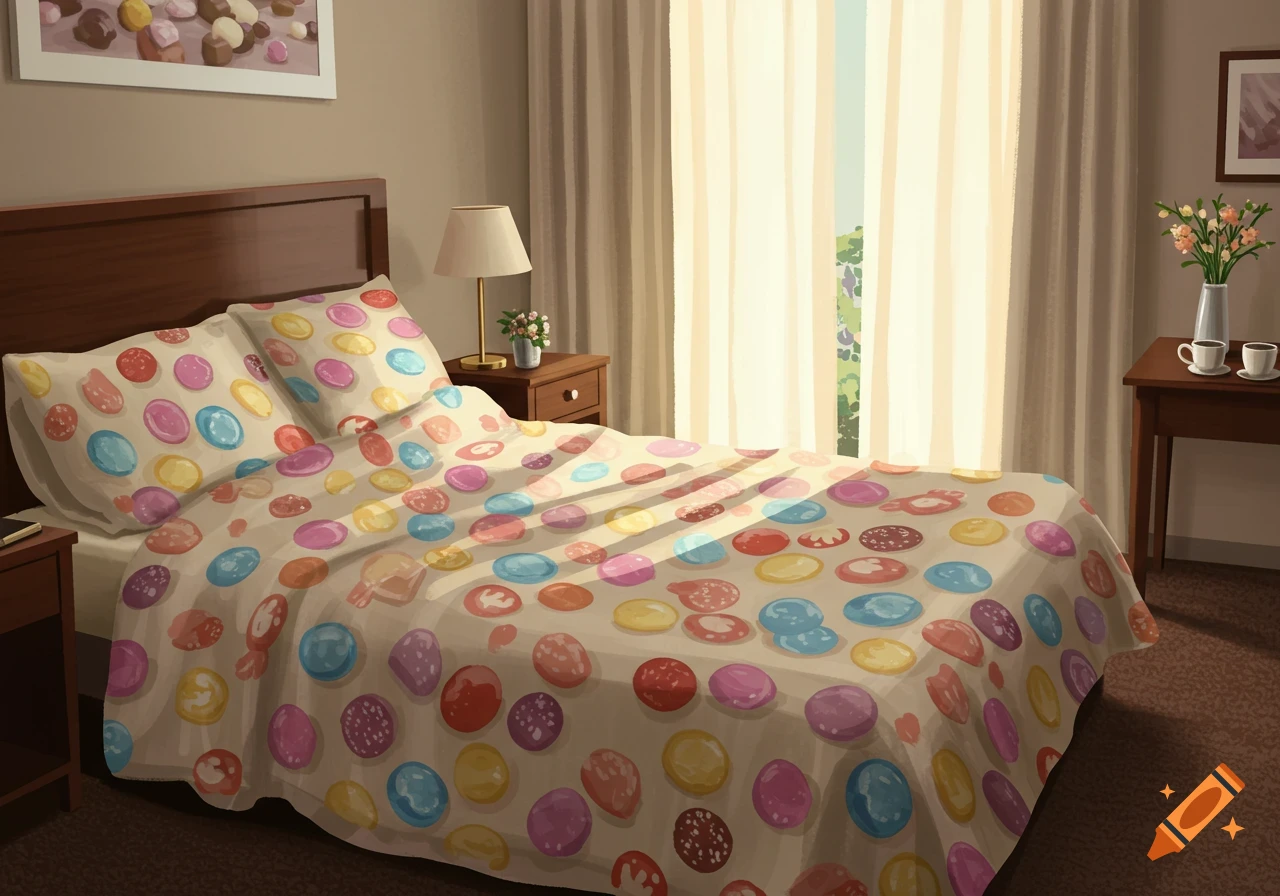 A stylized illustration of a hotel room bed covered in a cheerful, colorful candy pattern.