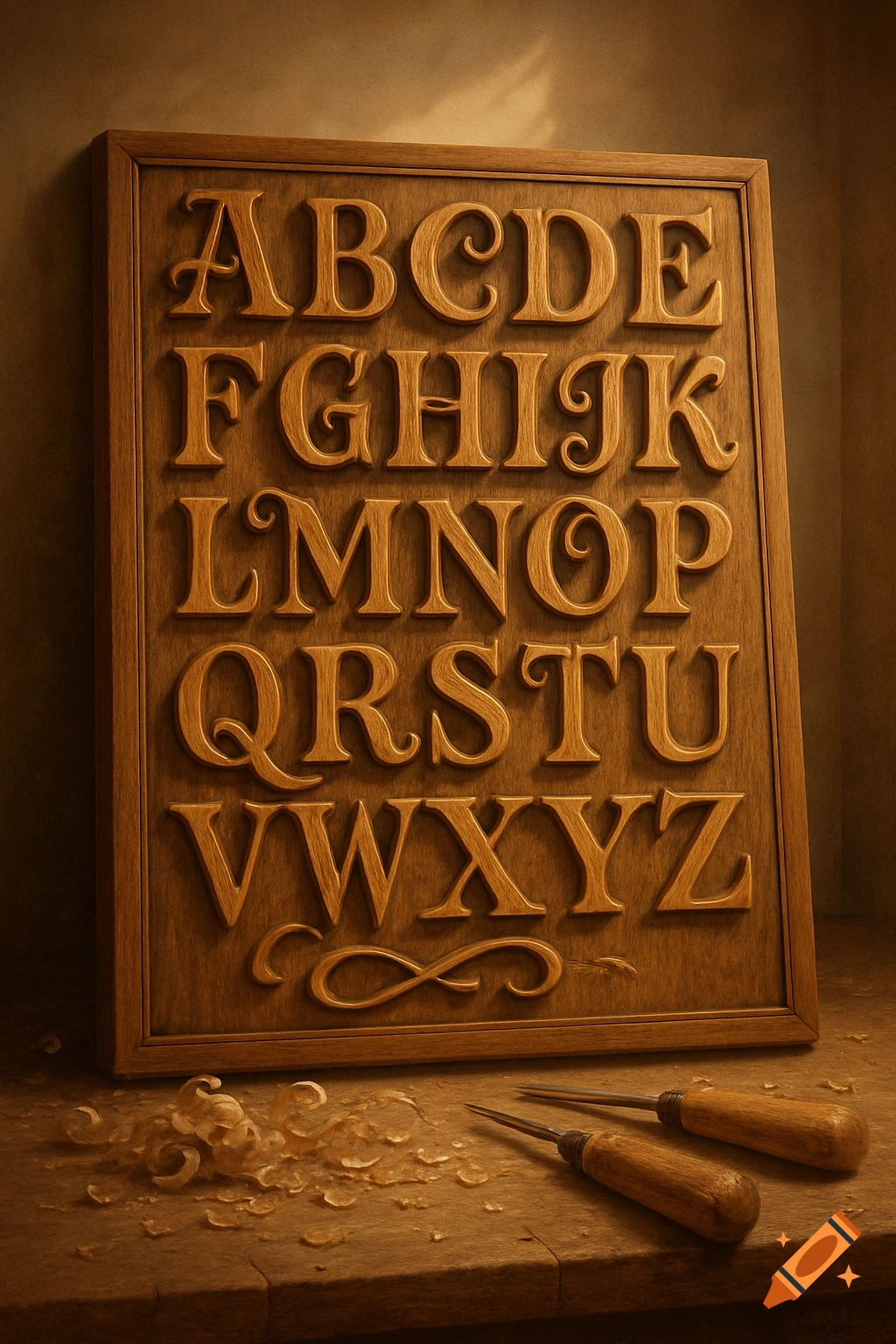 A photorealistic image of a carved wooden alphabet board, with wood shavings and carving tools on a surface below.