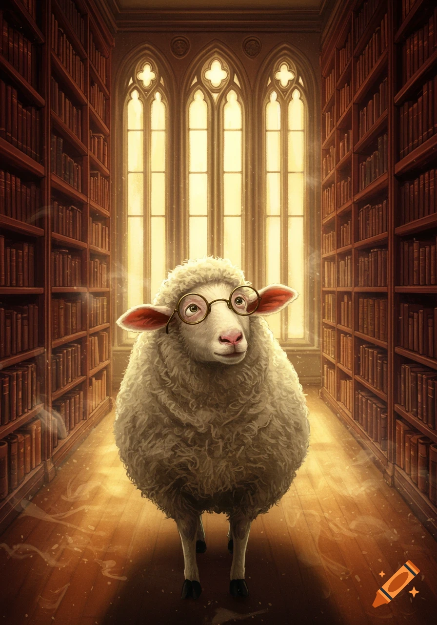 A sheep wearing round glasses stands in an old library aisle, illuminated by light from tall windows.