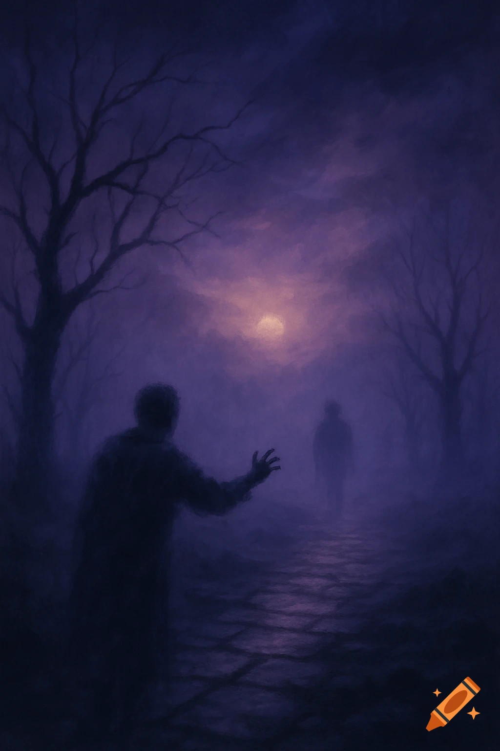 Silhouetted figure reaching to a distant person on a misty, moonlit path through a dark, purple forest. Digital painting.