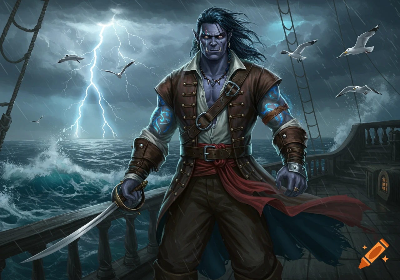 A male half-orc swashbuckler stands on a stormy ship deck, holding a sword, with lightning in the background. Digital painting.