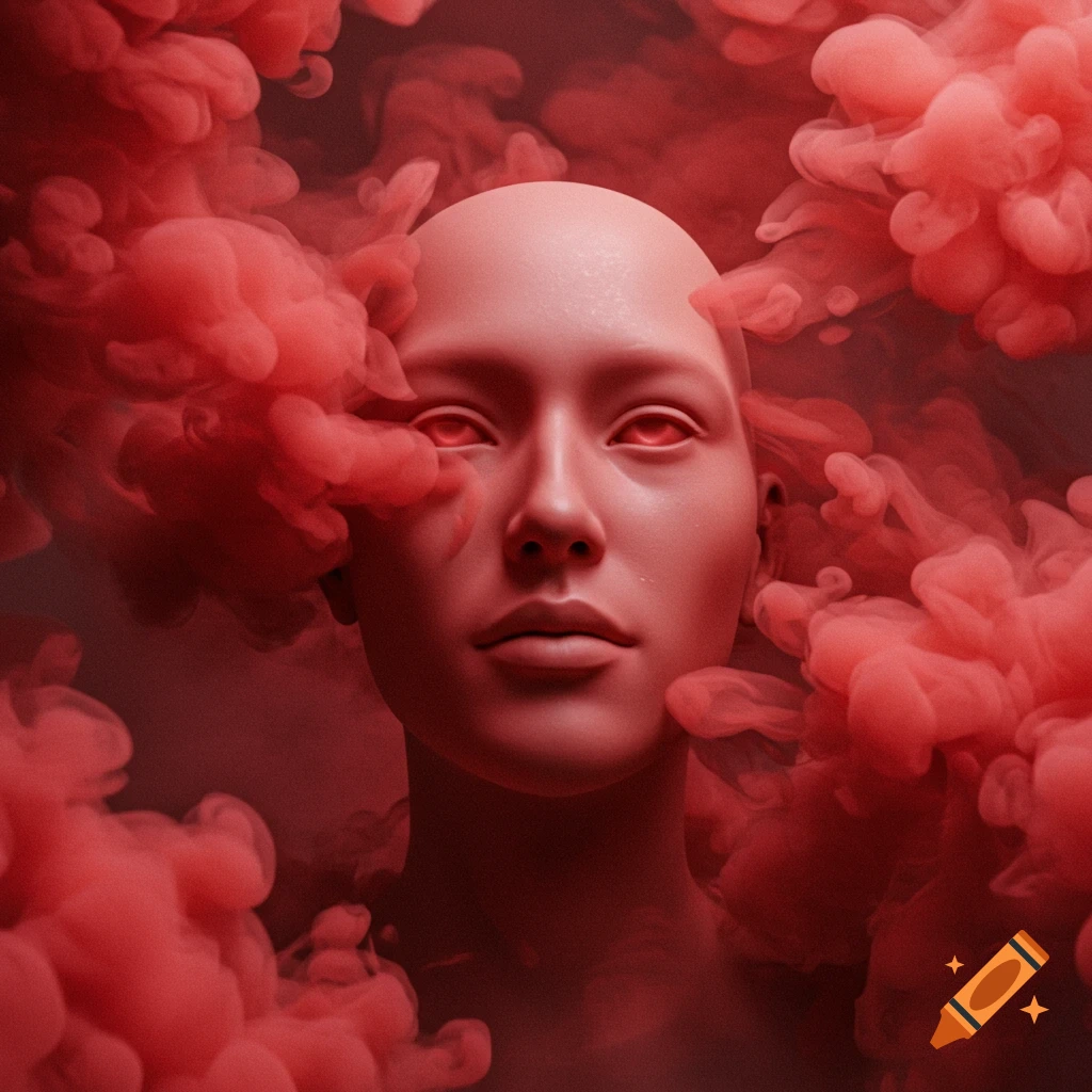 A bald human-like head with glowing red eyes surrounded by swirling red smoke.