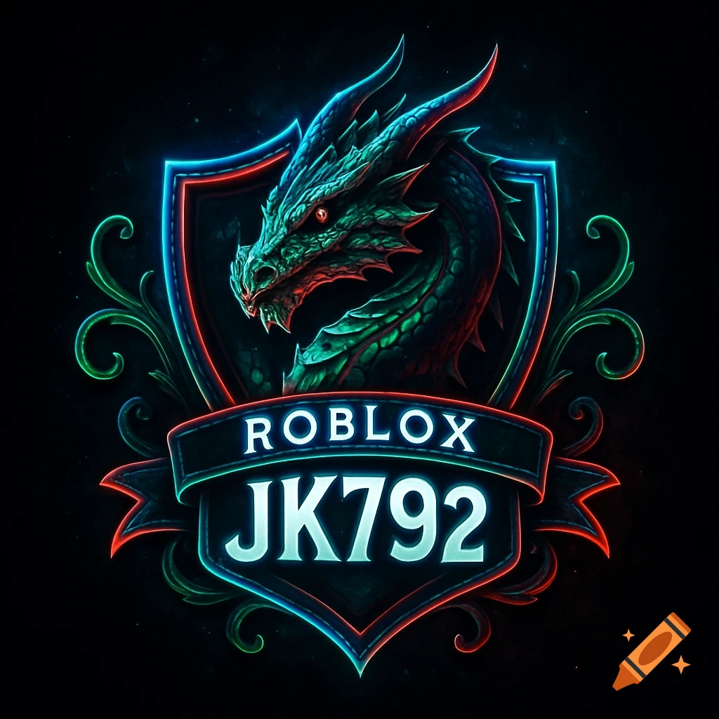 Neon glowing dragon crest logo with text 'ROBLOX JK792' on a dark background.
