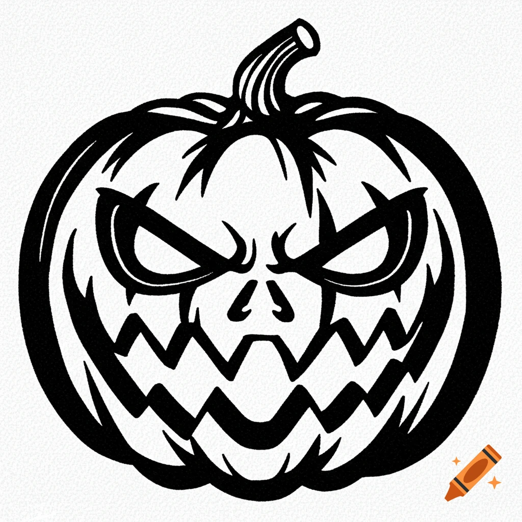 Black and white illustration of an angry jack-o'-lantern face with jagged eyes and mouth.