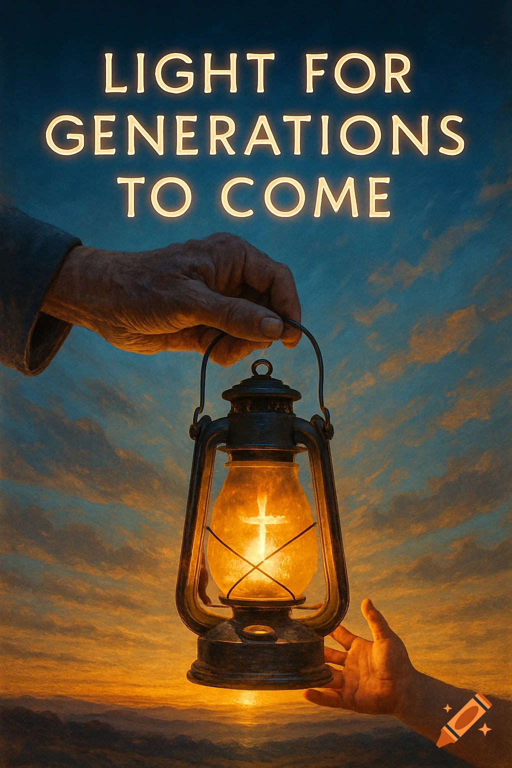 An old hand passes a glowing lantern with a cross to a child's hand against a sunrise, with the text 'Light for Generations to Come'.