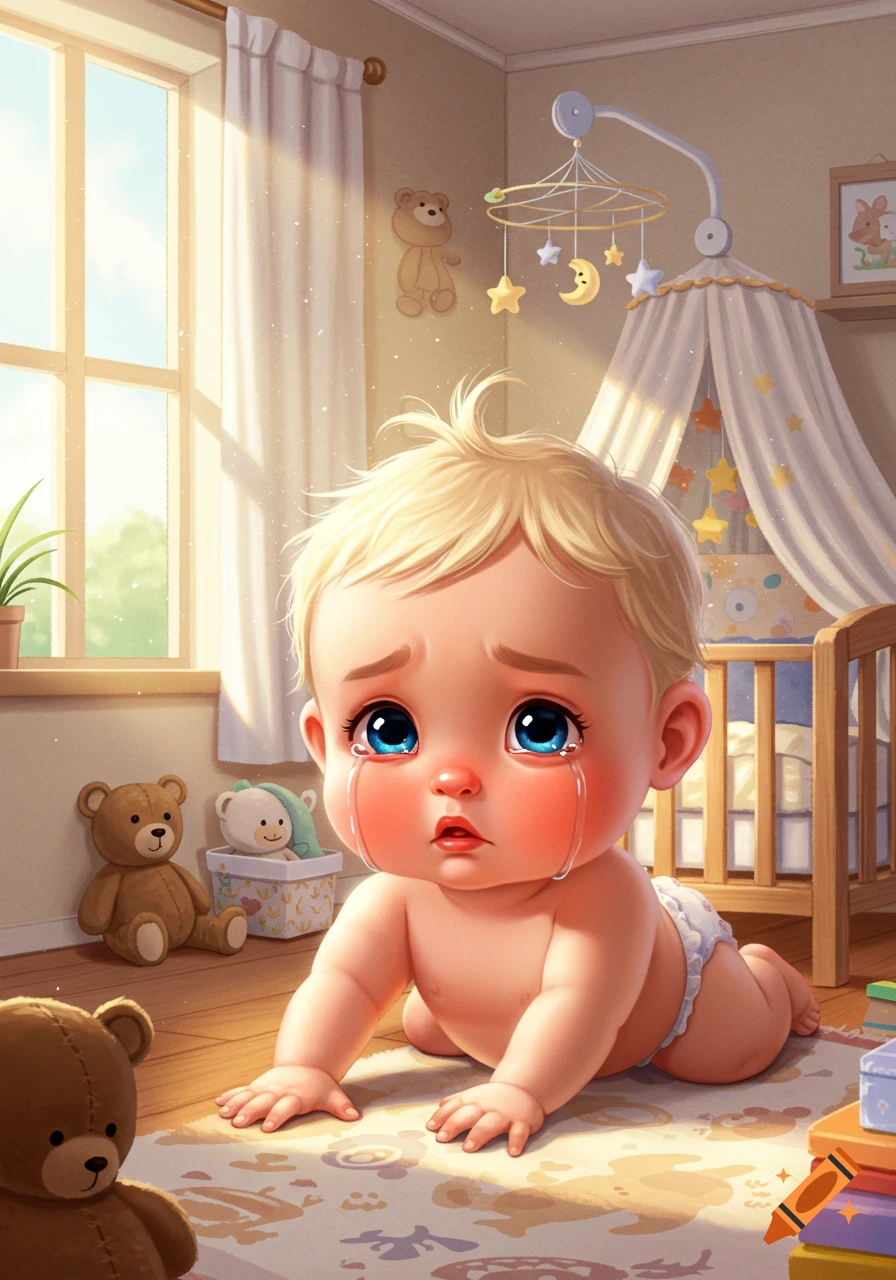 A cartoon-style baby with blonde hair and blue eyes cries on a patterned rug in a sunlit nursery filled with toys.