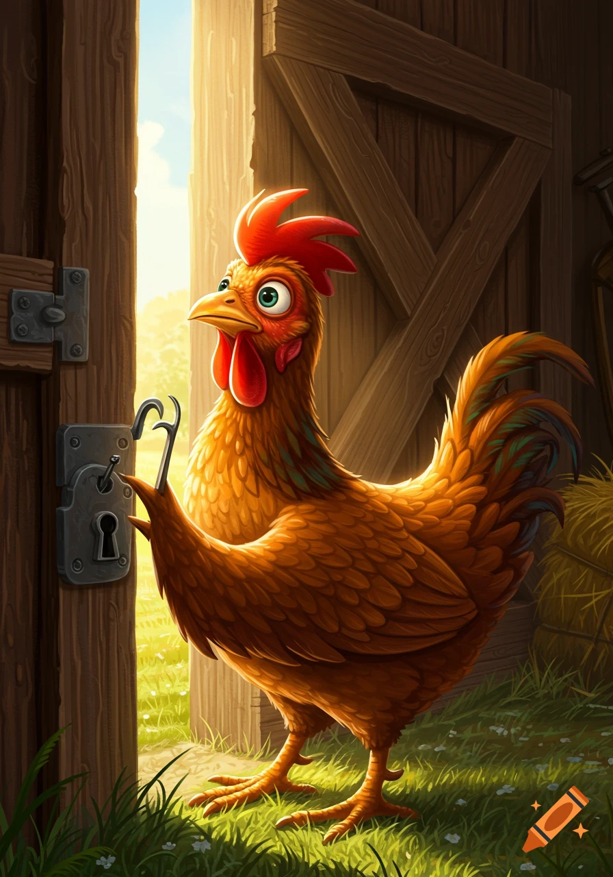 A cartoon chicken with wide eyes is picking the lock on a wooden barn door with sunlight streaming through.