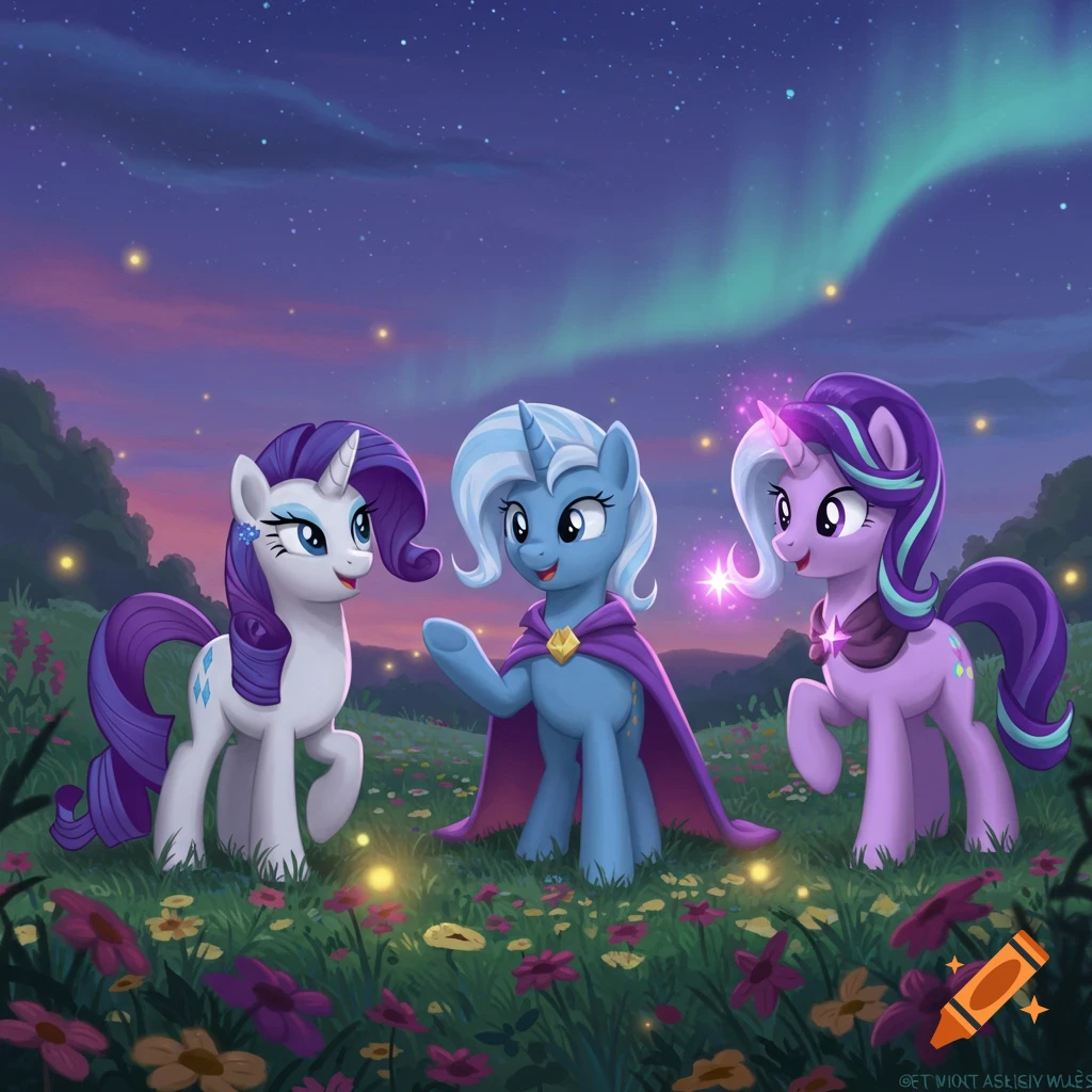 Three cartoon ponies, Rarity, Trixie, and Starlight Glimmer, stand in a field of flowers under a starry night with aurora.