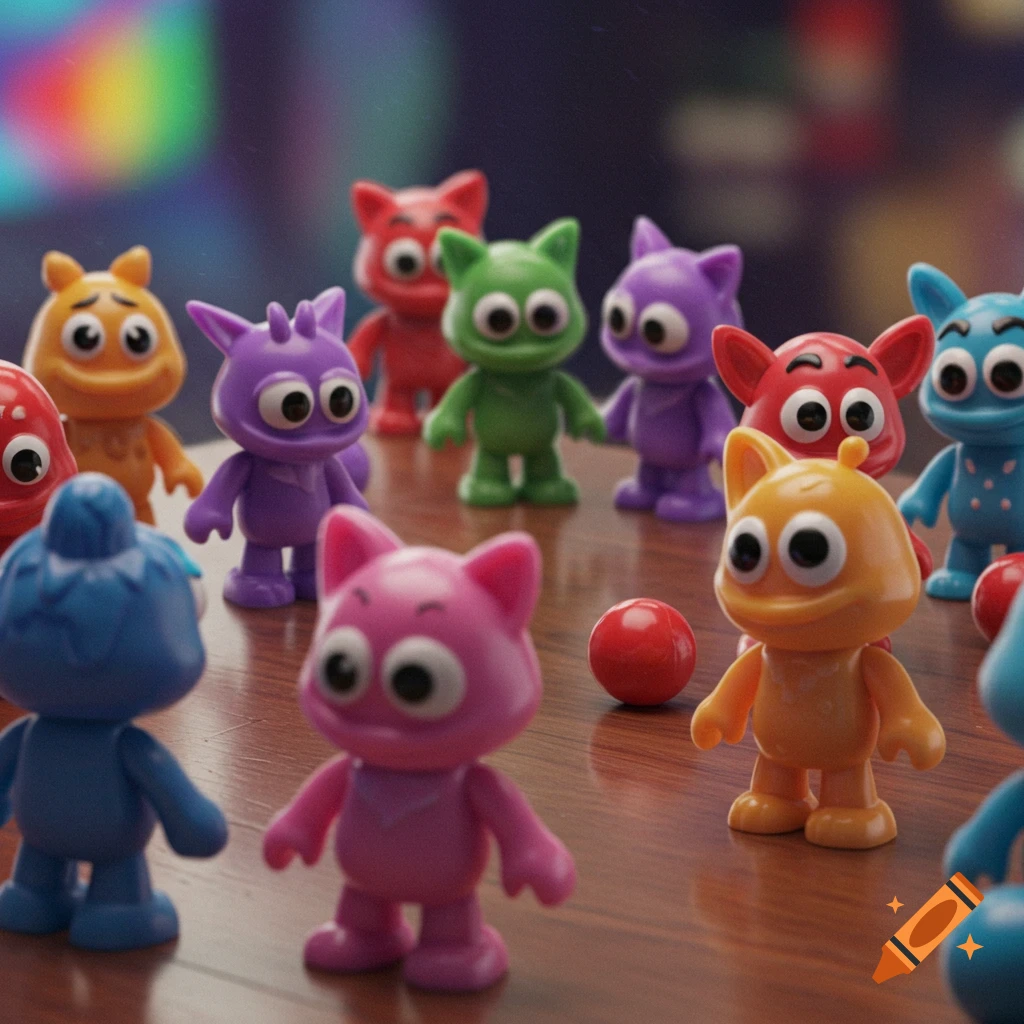 Many colorful, cat-like GoGo's Crazy Bones collectible toy figures on a wooden table with a blurred background.
