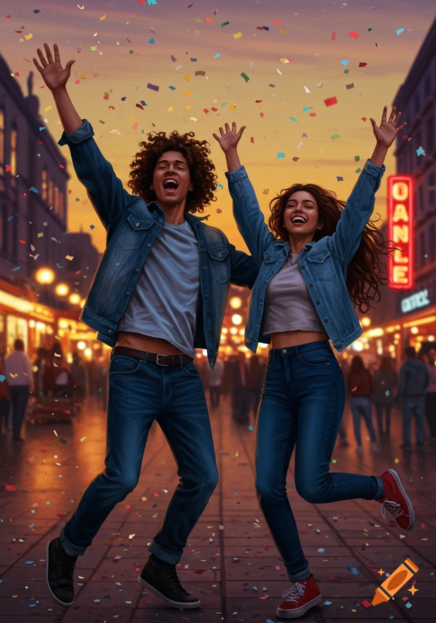 Two joyful people with curly hair cheer and jump in a confetti-filled street at sunset, wearing matching denim jackets and jeans.