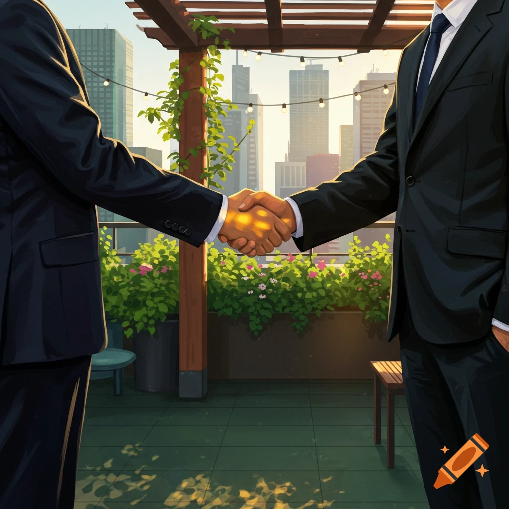Two businesspeople in suits shake hands on a rooftop patio with a city skyline at sunset, stylized illustration.