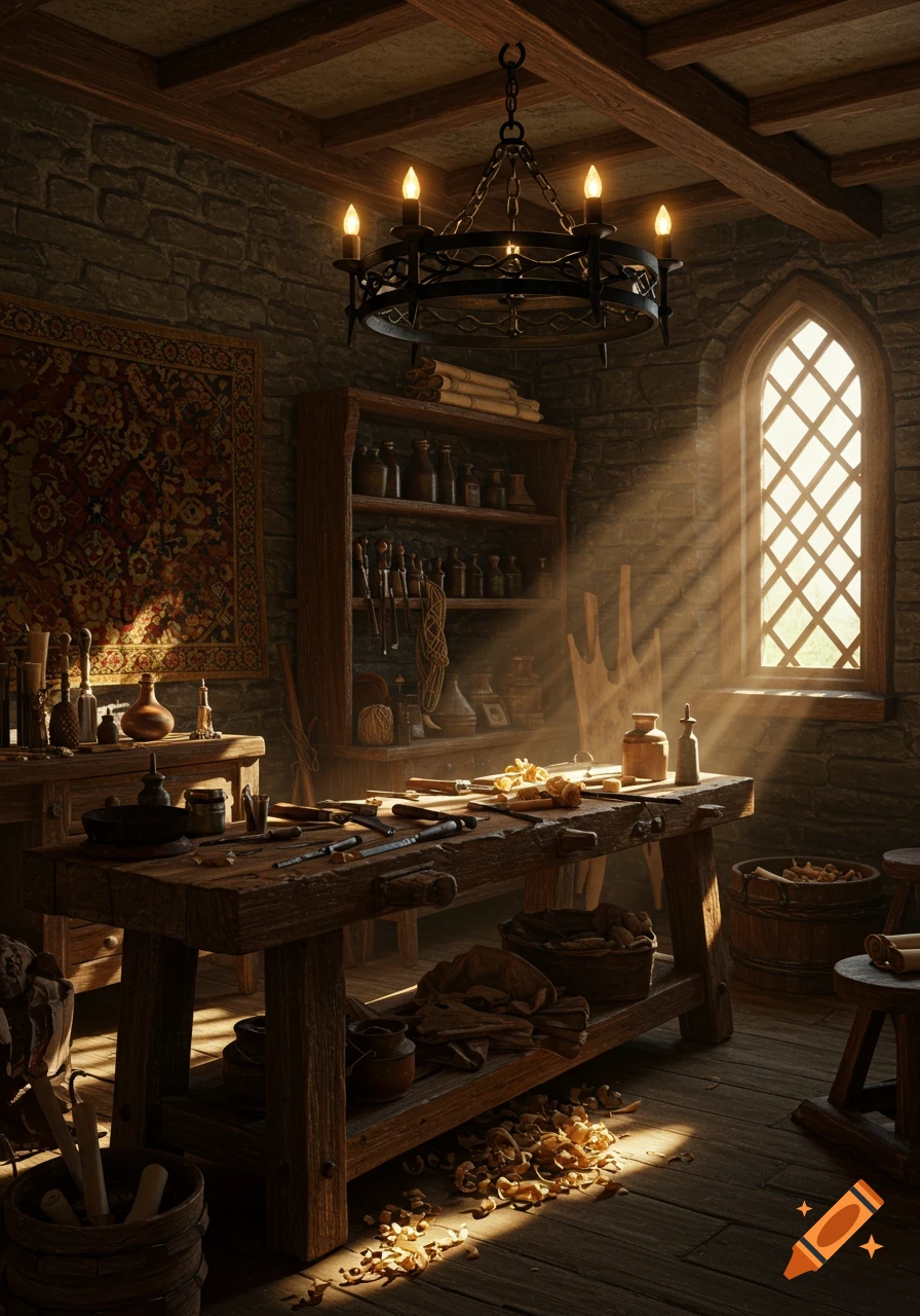 Photorealistic image of a dimly lit medieval crafting room with a workbench, tools, shelves, and sunlight streaming through an arched window.