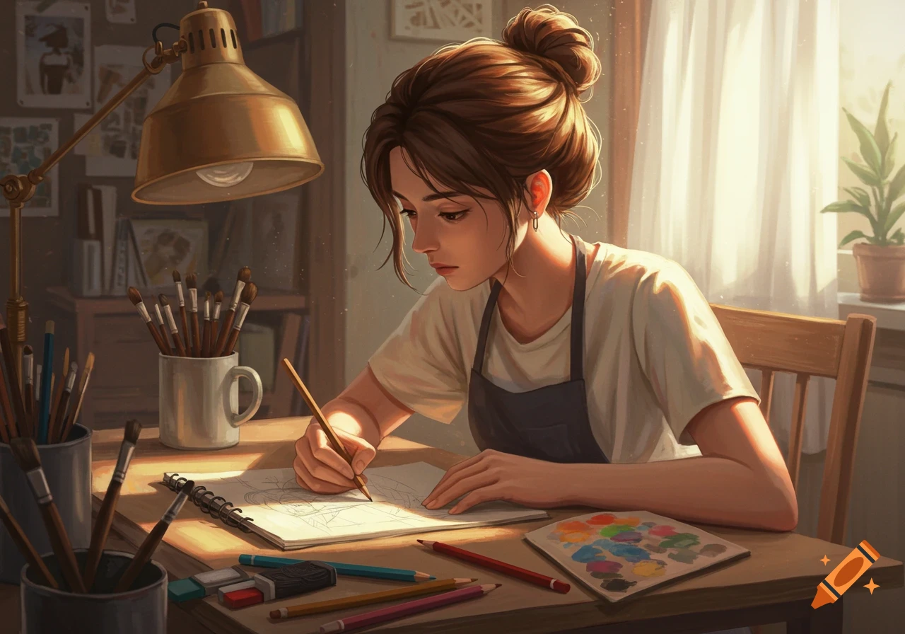 Illustrated young woman with hair in a bun drawing at a sunlit desk filled with art supplies.