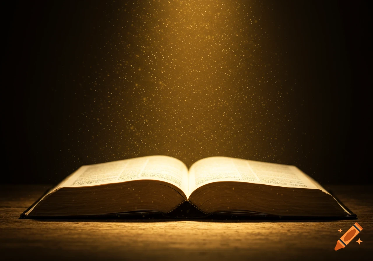 An open Bible on a wooden table, illuminated by warm golden light and floating dust, creating a spiritual atmosphere.