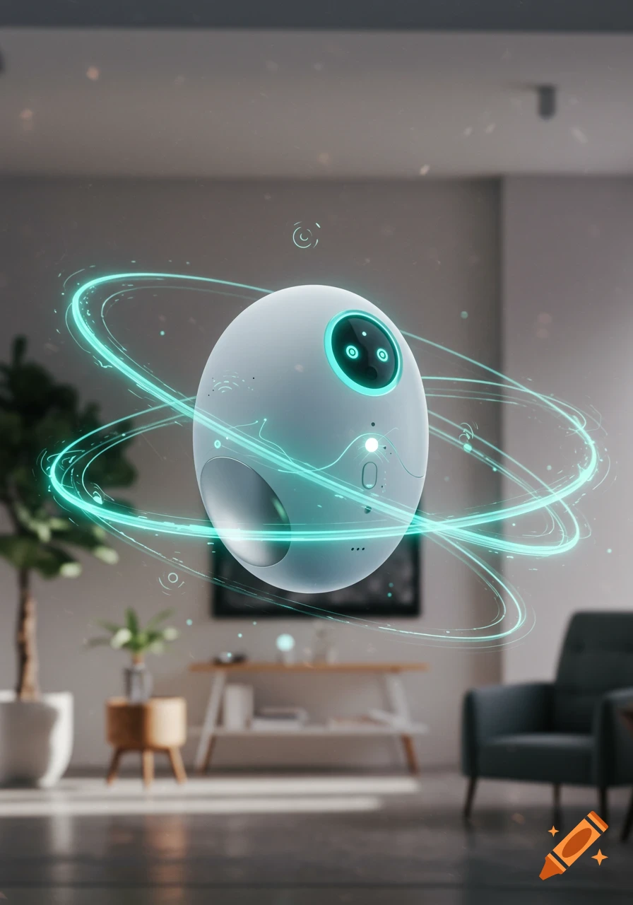 A futuristic white oval AI assistant with glowing teal rings floats in a modern living room.
