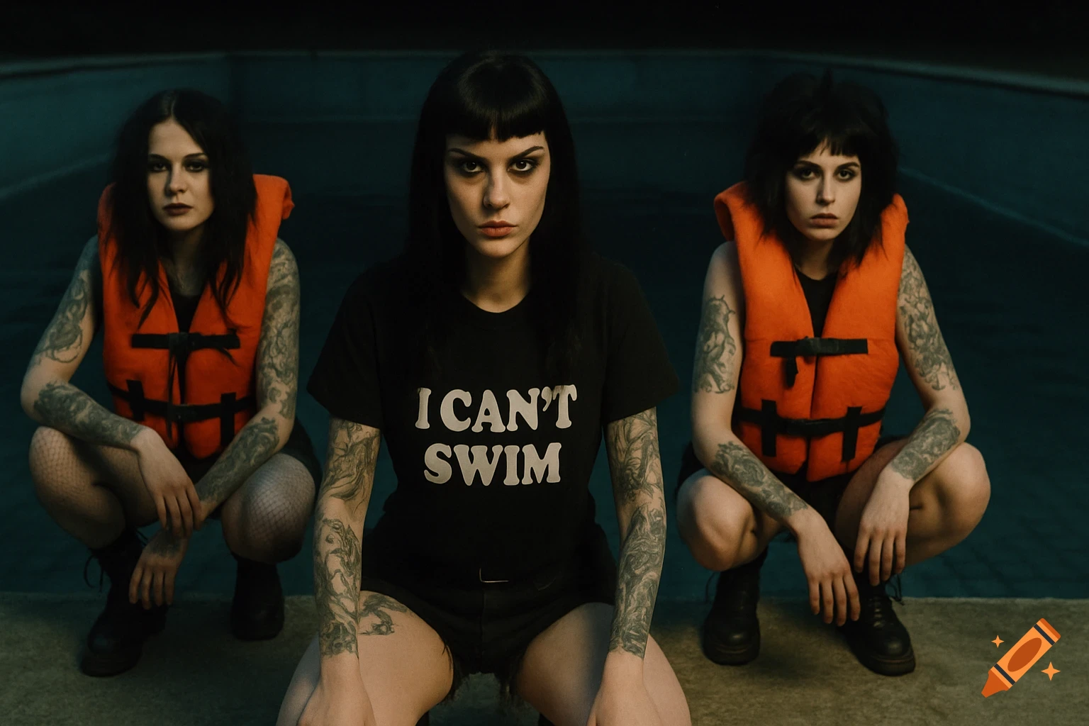 Three gothic punk women, two in orange lifejackets, one in 'I CAN'T SWIM' t-shirt, squat by a pool edge.