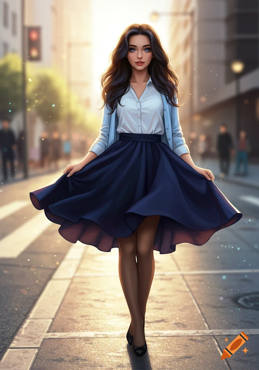 Young woman with dark wavy hair and blue eyes, wearing a white blouse, blue cardigan, navy skirt, and heels, on a city street.