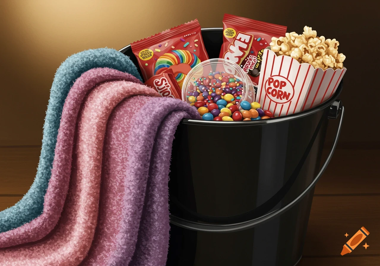 A black bucket contains blue, pink, and purple blankets, a box of popcorn, a clear container of candies, and various wrapped sweets.
