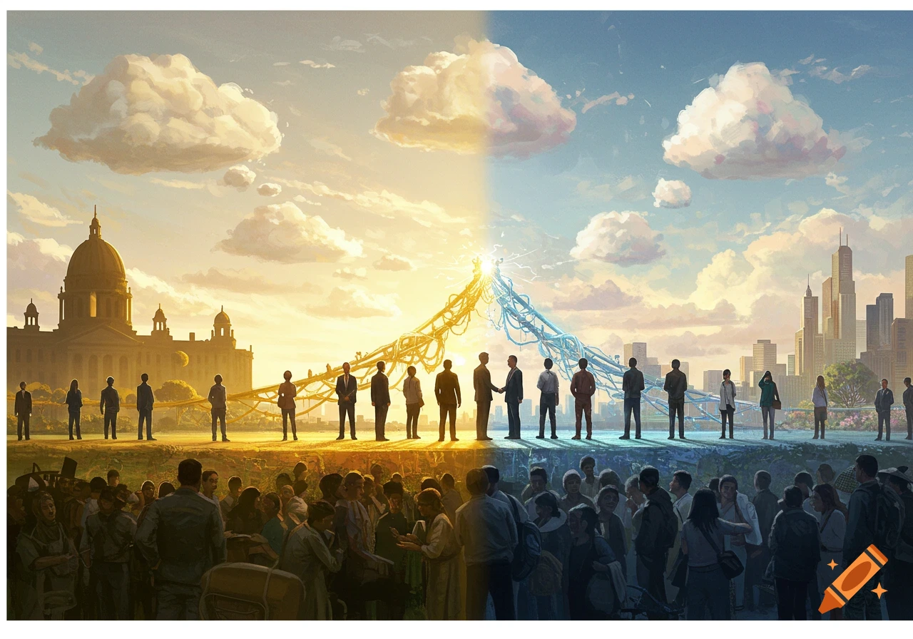 Stylized painting of two worlds, one golden with a capitol, one blue with a city, joined by glowing energy, with groups of people.