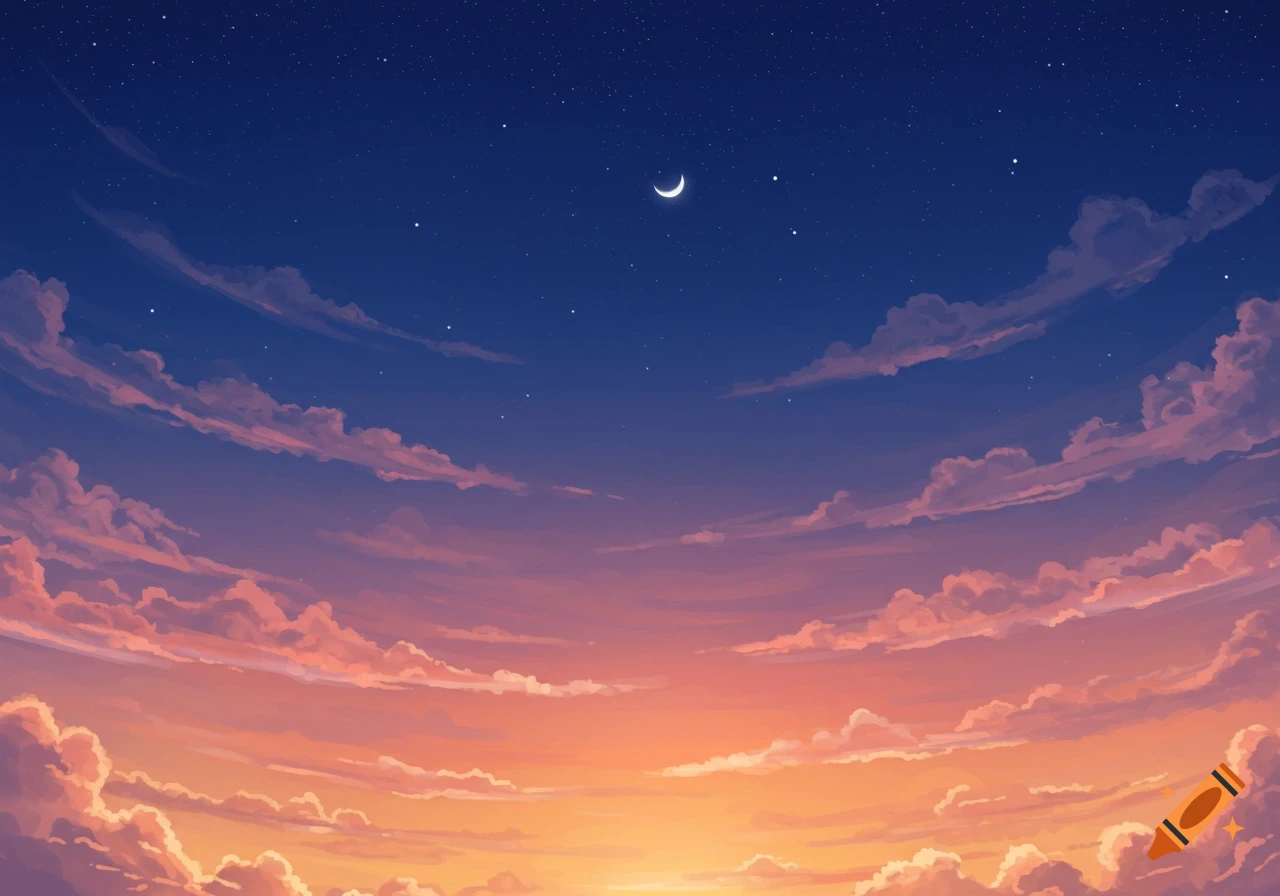 Illustrated sunset or sunrise sky with vibrant orange, pink, and blue hues, fluffy clouds, tiny stars, and a white crescent moon.