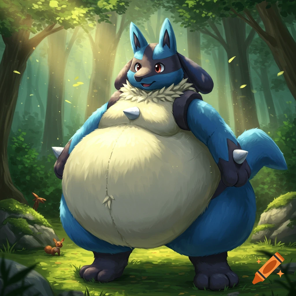 A very fat, smiling Lucario stands in a sun-dappled forest, with a small Eevee nearby, in a furry art style.