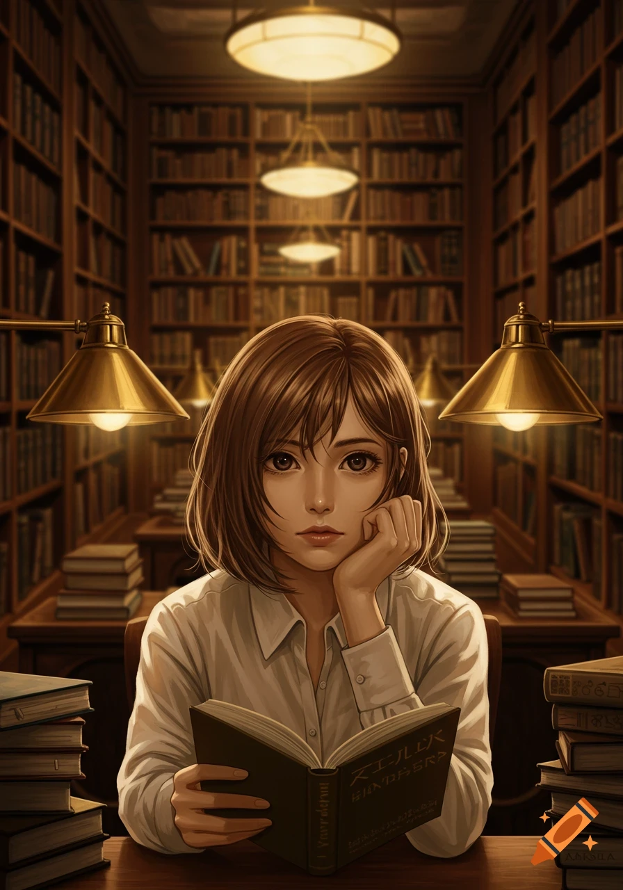 An anime girl with brown hair sits at a wooden desk in a library, reading a book under a desk lamp.