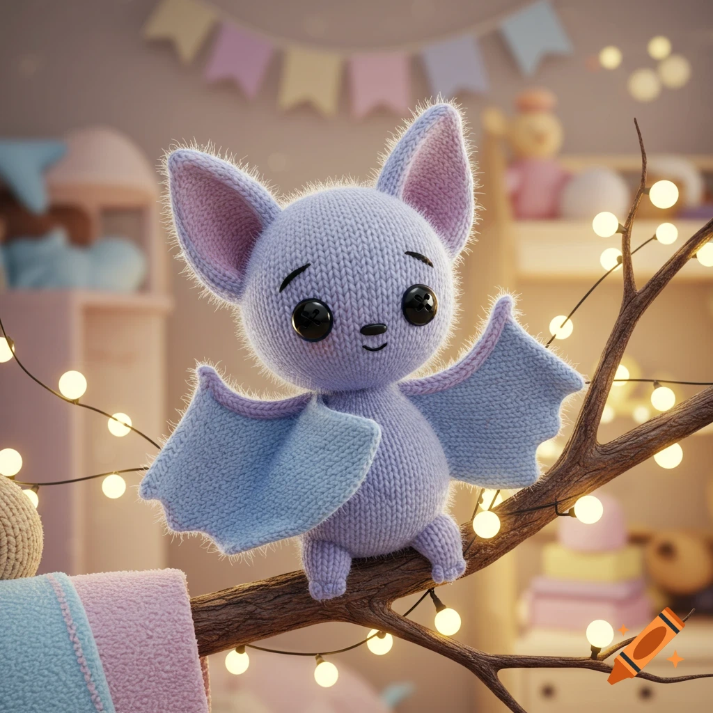 A cute, purple knitted bat with large ears sits on a string light-decorated branch in a pastel-colored room.