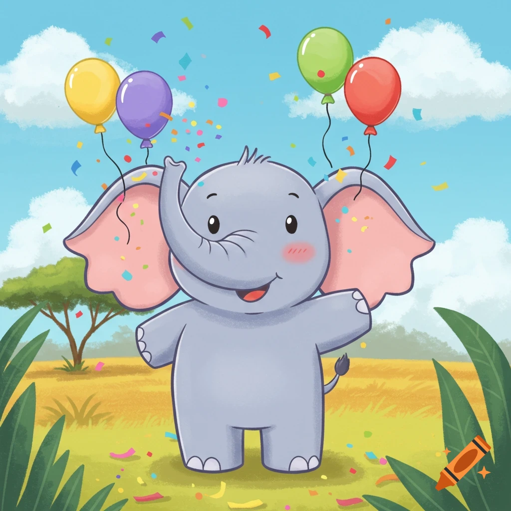 A cute cartoon elephant waves happily in a field, with colorful balloons and confetti floating around.