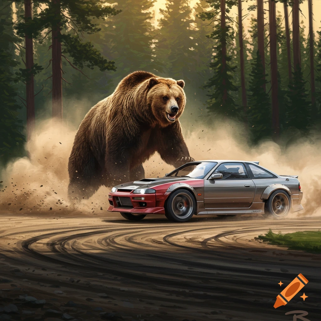 A large grizzly bear stands on a dusty forest road next to a silver and red drift car, kicking up dirt as if in motion.