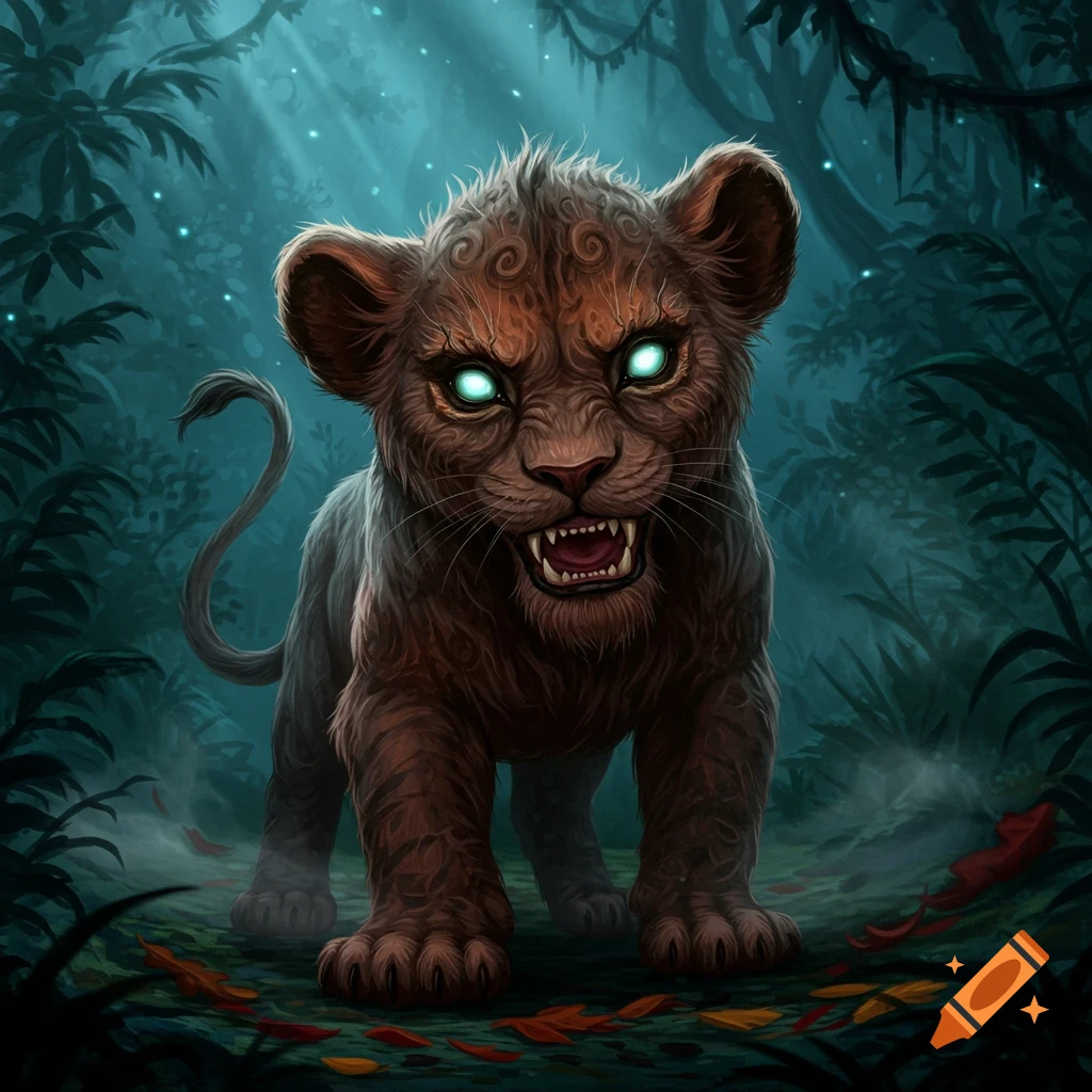 A stylized illustration of a scary brown lion cub with glowing blue eyes and sharp teeth, standing in a dark jungle.