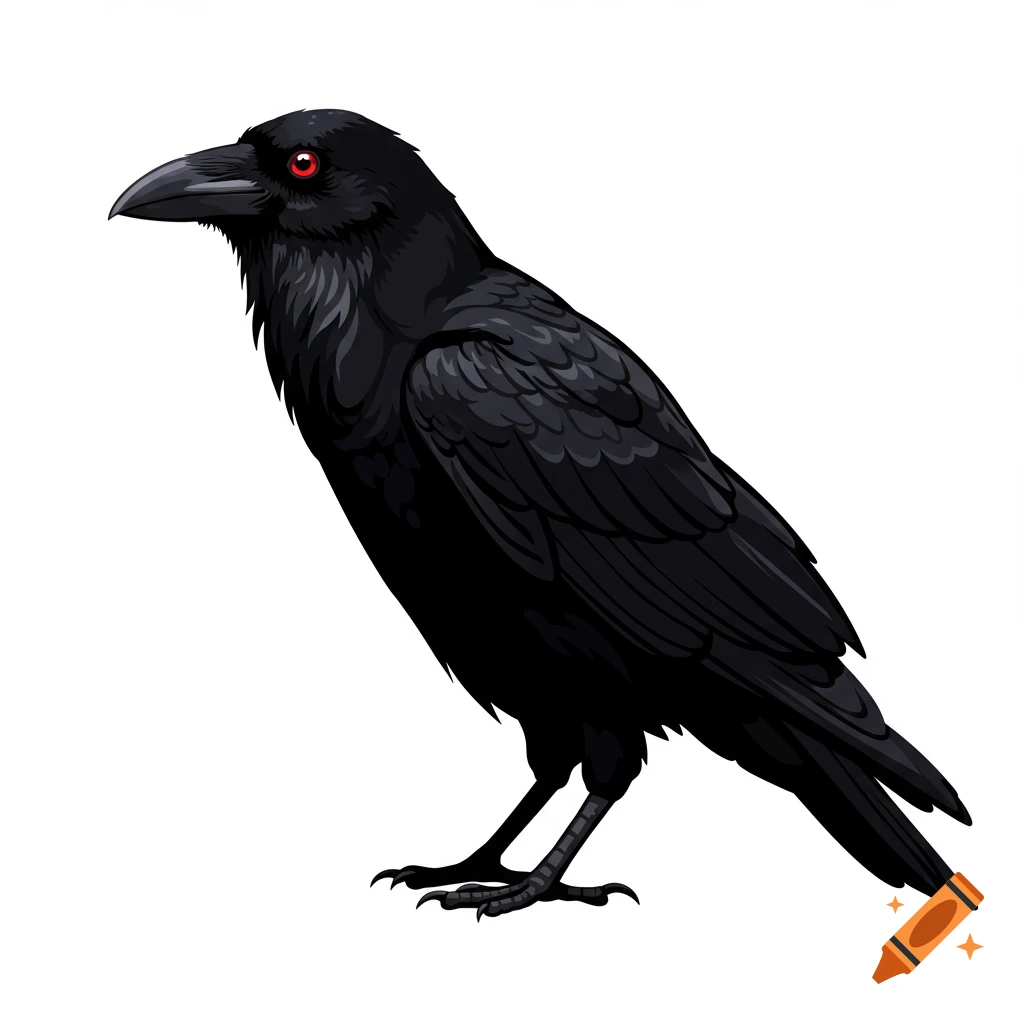 An illustration of a black raven with bright red eyes, standing on a white background.