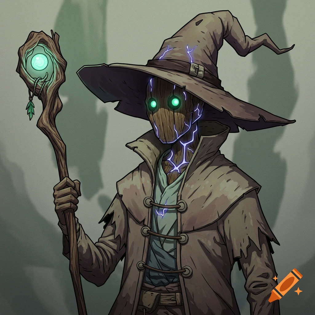 A wooden wizard character with glowing green eyes and purple cracks, wearing a hat and coat, holding a glowing staff, in an anime style.
