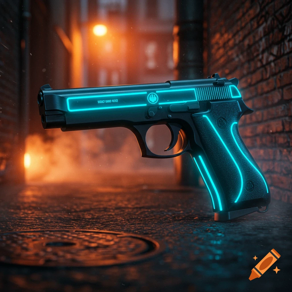 A black pistol with bright blue neon glowing lines, set in a dark, atmospheric alleyway with orange streetlights and smoke.