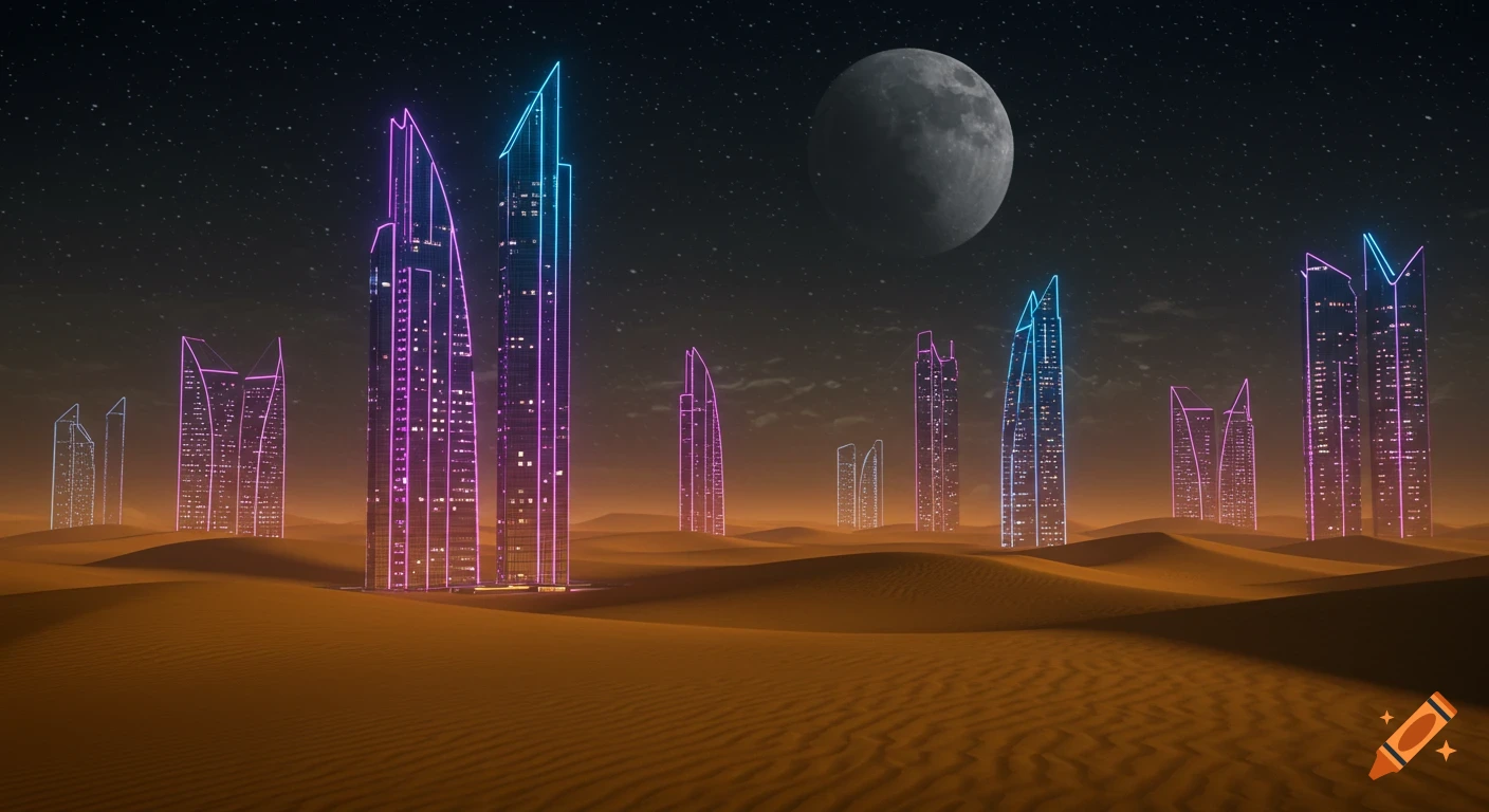 Futuristic neon-lit skyscrapers rise from golden desert dunes under a starry night sky with a large moon.