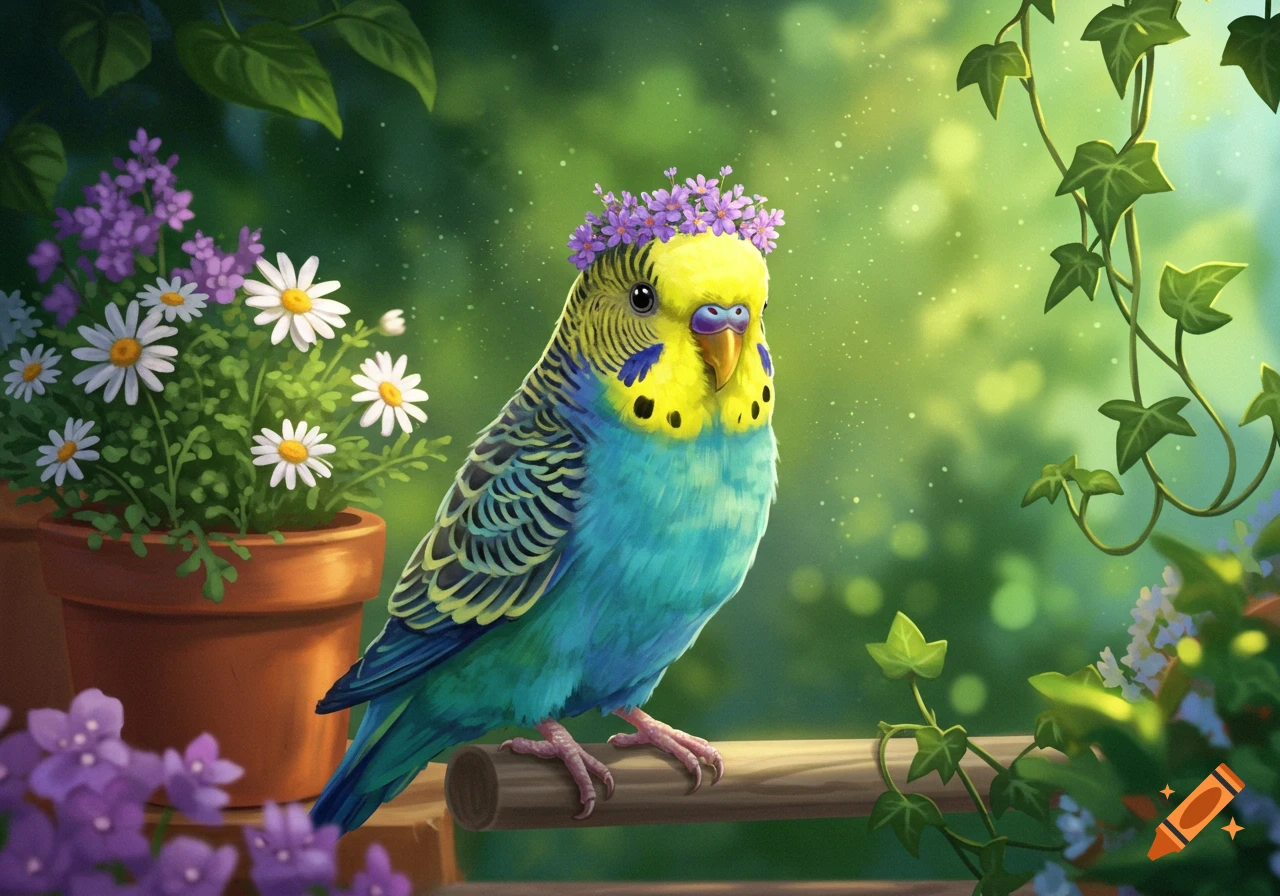 A vibrant blue and yellow budgie wearing a lavender flower crown perches on a branch in a sunny garden with daisies.
