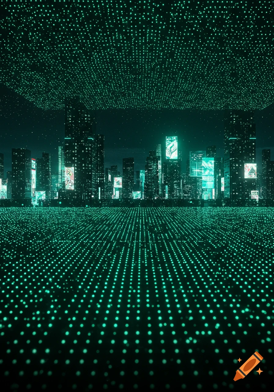 A dark, futuristic city skyline at night with tall buildings and glowing green dot matrices on the ground and ceiling.