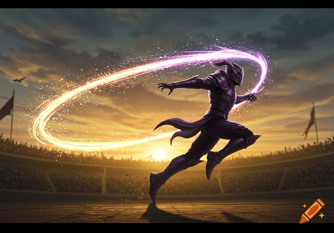 Dark armored figure leaps in an arena at sunset, leaving a glowing magical trail, digital art.